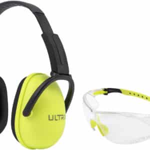 Allen ULTRX youth ear and eye protection combo, lime green muffs with clear polycarbonate lenses and padded headband