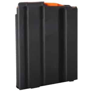 DuraMag SS 5-round stainless steel AR-15 magazine with black matte finish and orange anti-tilt follower