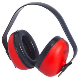Radians Def-Guard NRR 23 dB over-the-head earmuffs in black and red