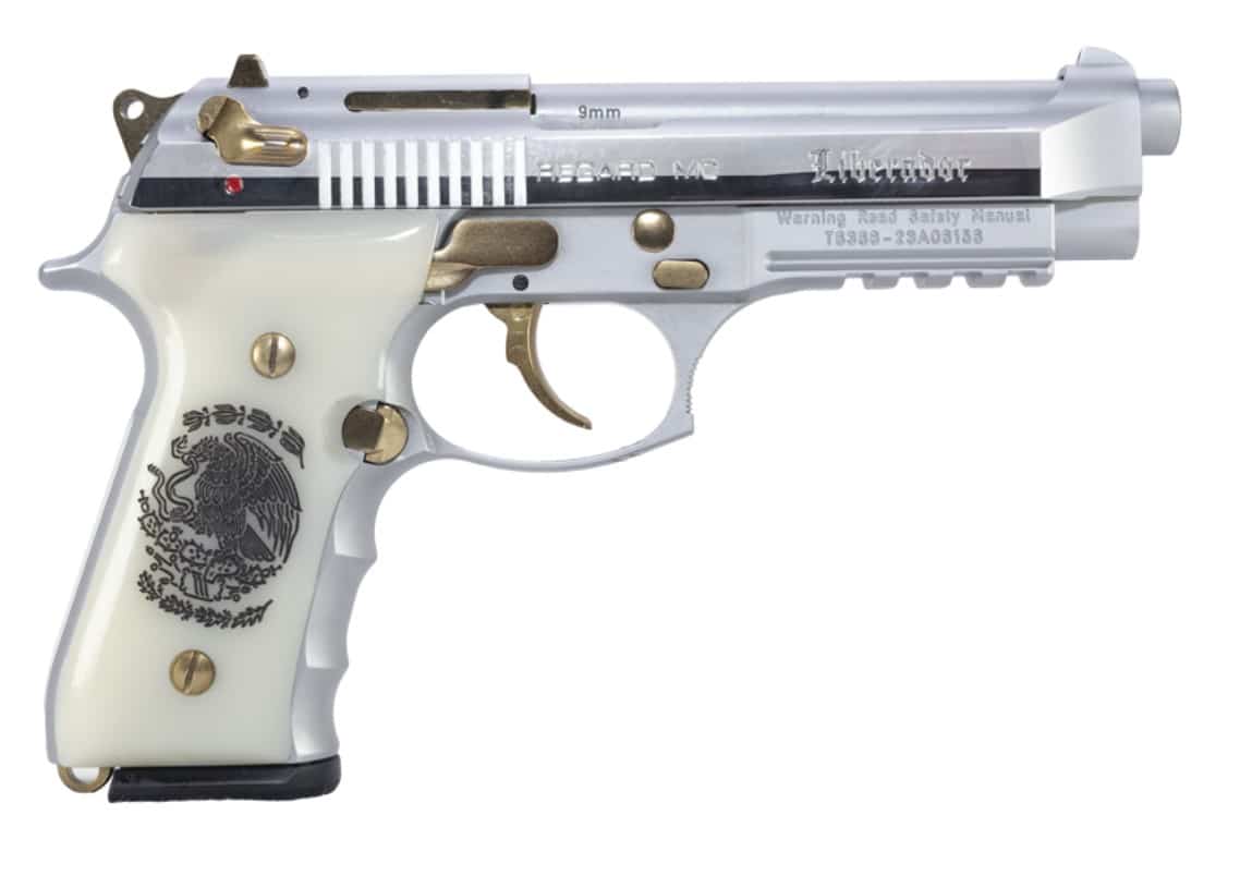 Girsan Regard Liberador II 9mm 4.9in polished chrome pistol with gold accents and custom grips