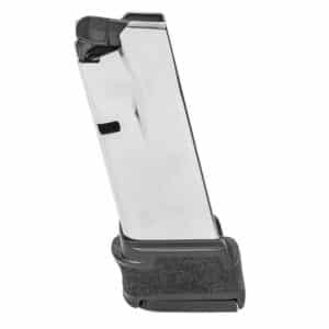 Springfield Armory Hellcat 15rd extended floorplate 9mm magazine, stainless steel body with black floorplate