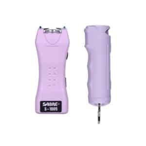 SABRE pepper spray canister and purple 2-in-1 stun gun with holster and charging cord