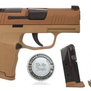SIG Sauer P365 9mm pistol in coyote tan with polymer frame and night sights