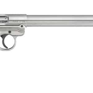 Ruger Mark IV Target .22 LR 10-inch Satin Stainless bull barrel pistol with checkered synthetic grip