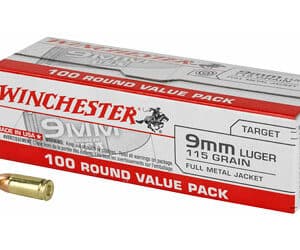 Winchester USA 9mm Luger 115 gr FMJ ammunition 100-round box white packaging