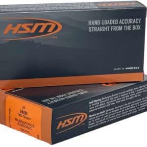 HSM Magnuforce Subsonic 9mm 180gr hard cast flat nose Hi-Tek coated ammunition box