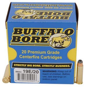 Buffalo Bore 19E20 .357 Magnum 158 gr Jacketed Hollow Point ammunition box and cartridges