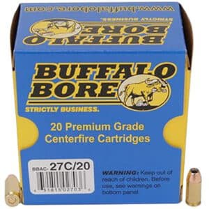 Buffalo Bore 380 ACP +P 90 gr Jacketed Hollow Point ammunition box, 20 rounds