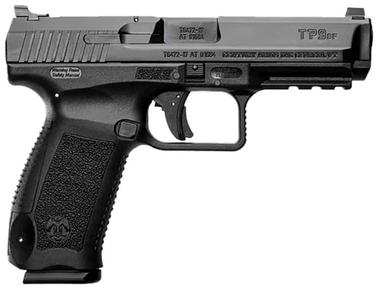 Canik TP9 SF 9mm pistol in black Cerakote, side view