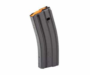 DuraMag Speed 30-round AR-15 aluminum magazine in matte black with orange follower