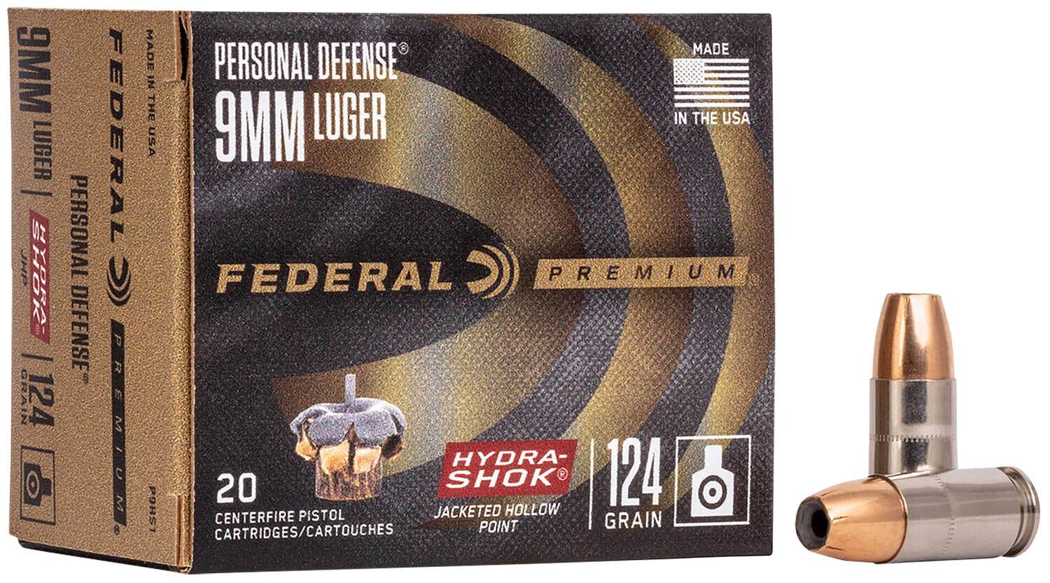 Federal Premium Hydra-Shok 9mm Luger 124 gr JHP ammunition box