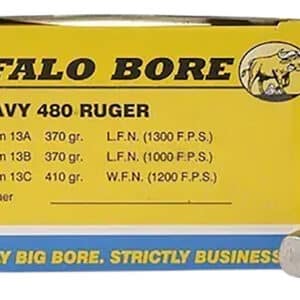 Buffalo Bore 13C20 .480 Ruger 410 gr Wide Flat Nose ammunition box and rounds