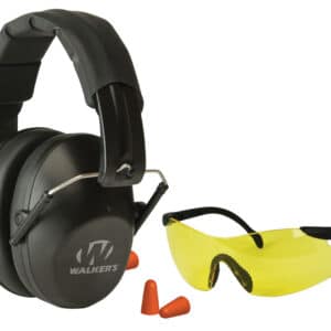 Walkers Pro low-profile folding earmuffs with yellow safety glasses and foam earplugs, black