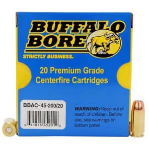 Buffalo Bore 45 ACP +P 200 gr Jacketed Hollow Point ammunition 20-count box