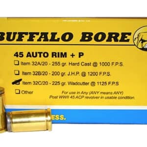 Buffalo Bore 45 Auto Rim +P 225gr Wadcutter ammunition box, 20 rounds
