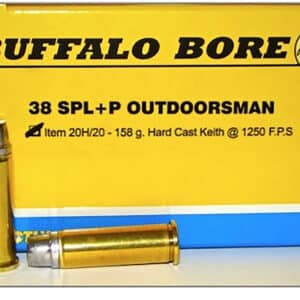 Buffalo Bore Outdoorsman .38 Special +P 158gr Hard Cast ammunition box, 20 rounds per box