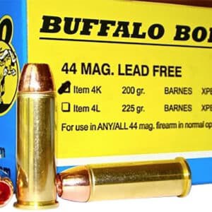 Buffalo Bore 4K20 .44 Magnum 200 gr Barnes VOR-TX XPB lead-free ammunition box and rounds