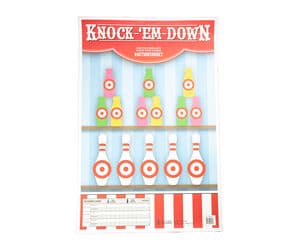 Action Target Knock-Em-Down paper target sheet with bottles and pins illustration, 23 x 35 inches