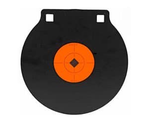Birchwood Casey 8 inch AR500 double-hole steel gong target, black and orange, circle with crosshair and diamond