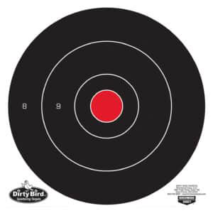 Birchwood Casey Dirty Bird 12-inch bullseye splatter target sheet black and red with white splatter