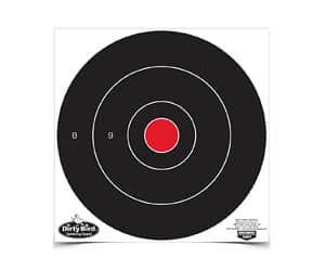 Birchwood Casey Dirty Bird 12-inch bullseye target pack of 12, black and white design with splatter impact