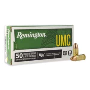 Remington UMC 9mm Luger 124 gr FMJ ammunition box showing 50 rounds