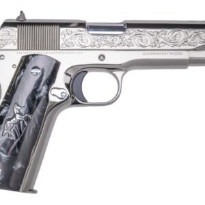 CNC Colt 1911 Warhorse .45 ACP 5in engraved pistol with black pearl grips and black chrome finish