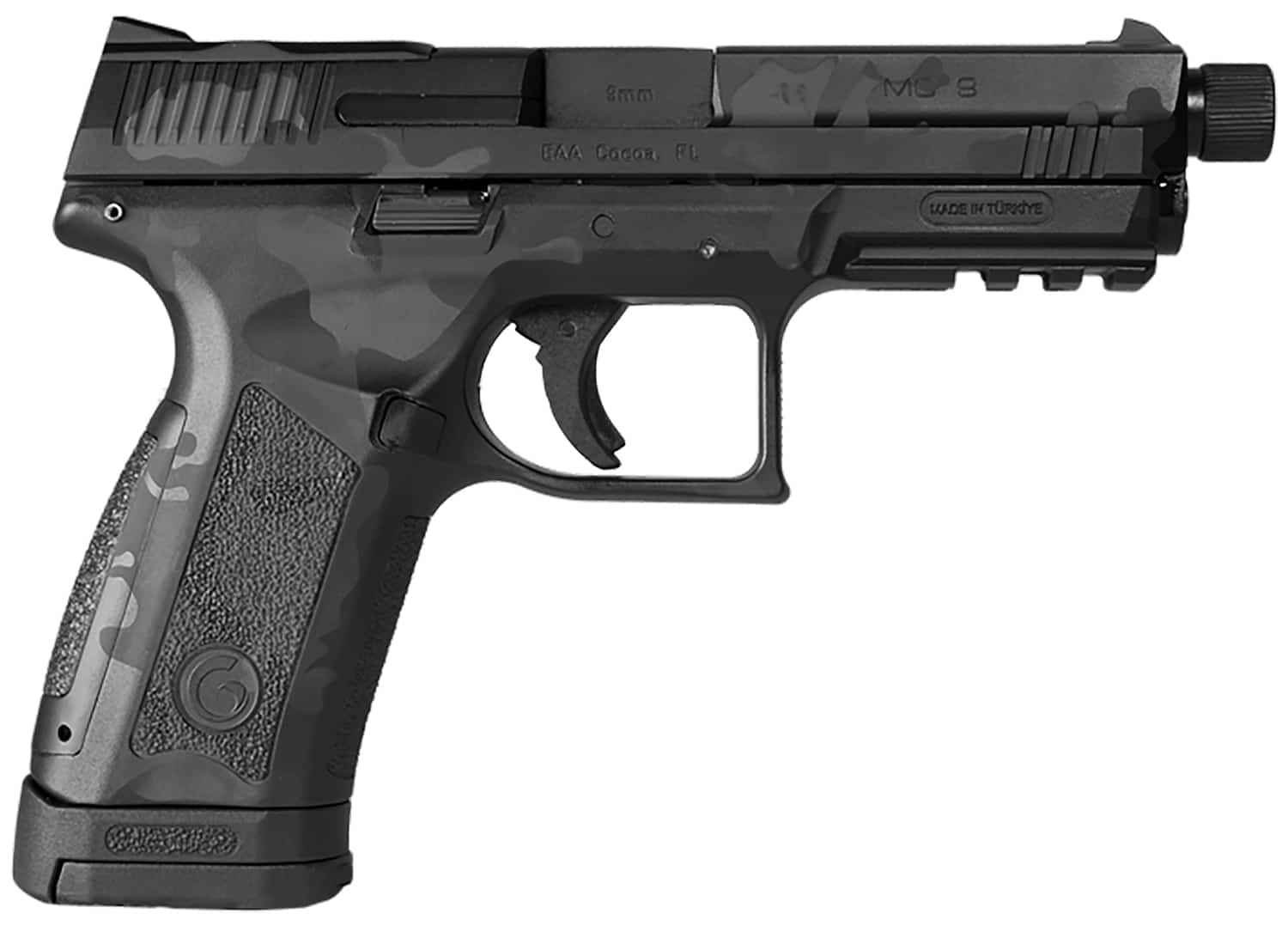 EAA Girsan MC9 Disruptor 9mm pistol in Black Laser Camo showing slide and grip