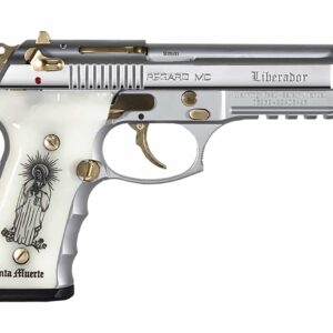 Girsan Regard MC Liberador 9mm pistol with chrome slide, gold accents and Santa Muerte grips