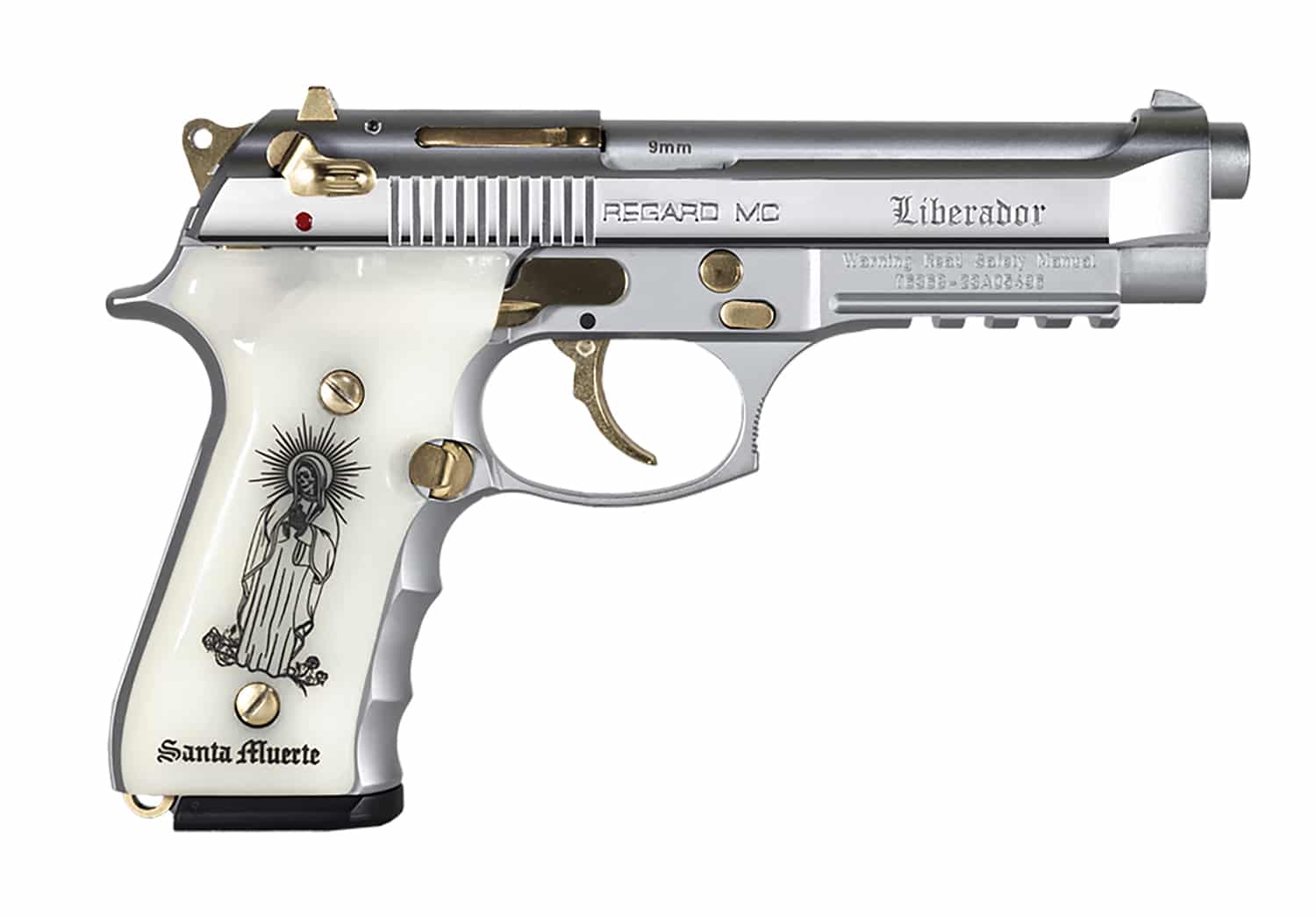 Girsan Regard MC Liberador 9mm pistol with chrome slide, gold accents and Santa Muerte grips
