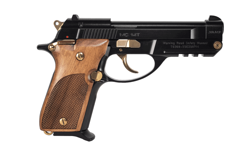 EAA Girsan MC14T .380 ACP tip-up pistol in gloss black with gold controls