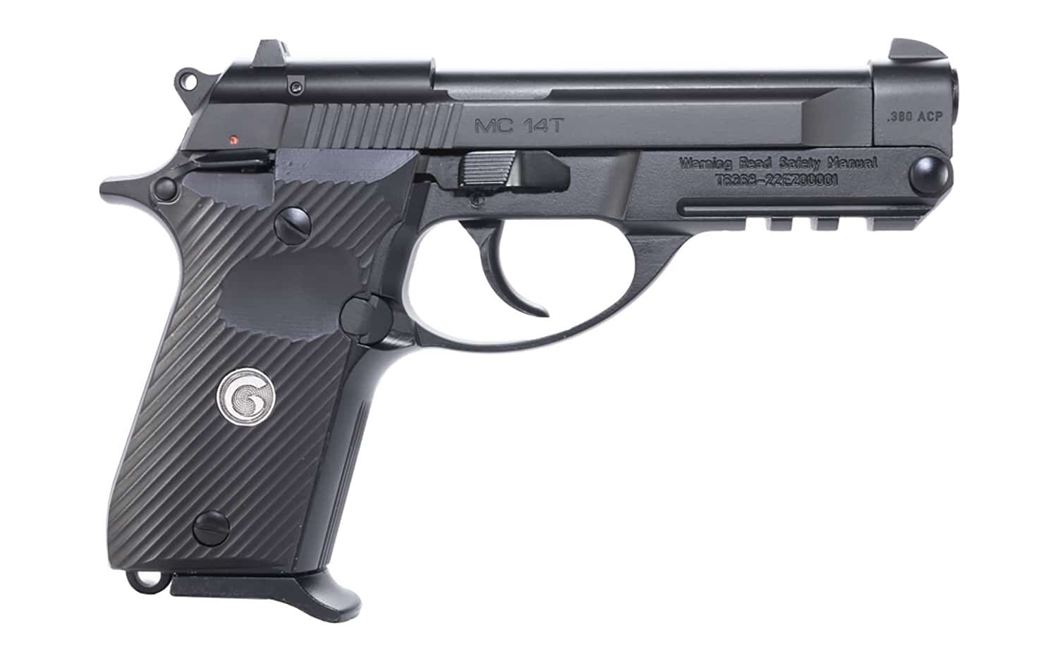EAA Girsan MC14T Solution .380 ACP tip-up pistol in matte black, side view