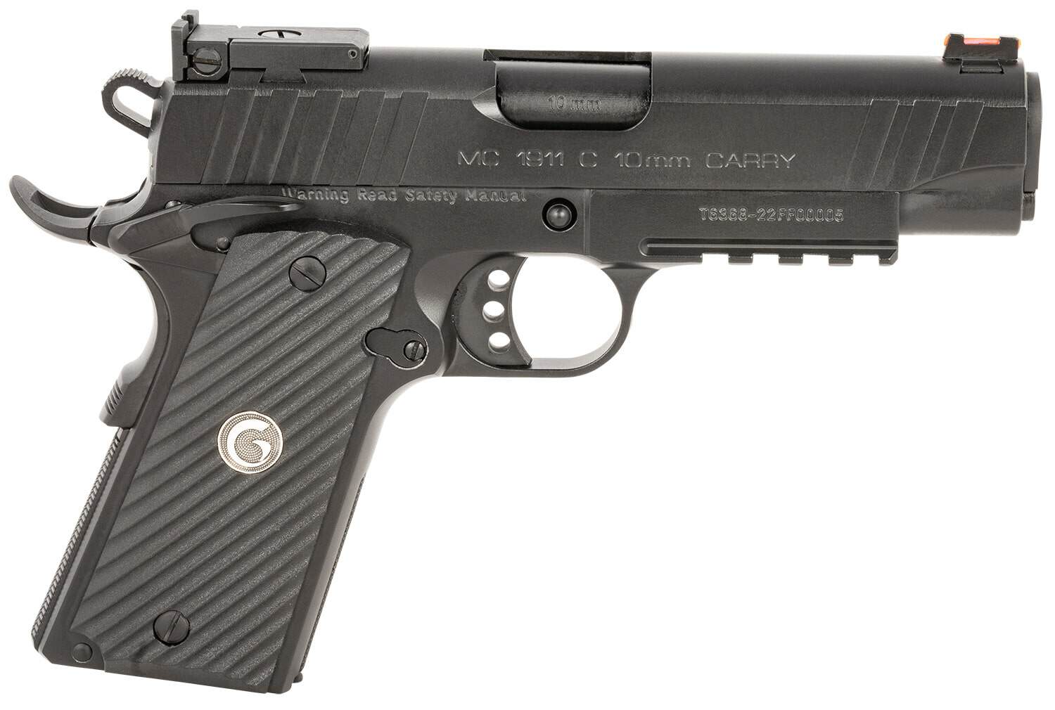 EAA Girsan MC1911-C 10mm 4.40 in black steel pistol with serrated slide and Picatinny rail