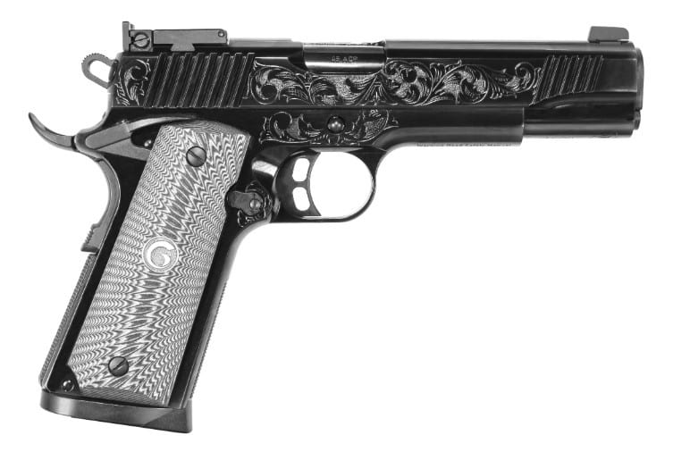 EAA MC1911 Match Lux .45 ACP 5-inch black chrome engraved steel-frame pistol with G10 grips