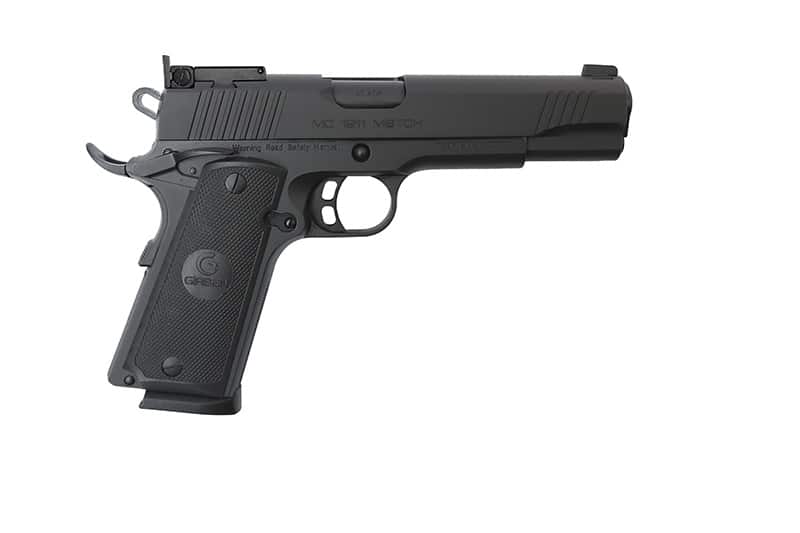 EAA MC1911 Match .45 ACP 5in black steel pistol with laminated wood grips and adjustable rear sights