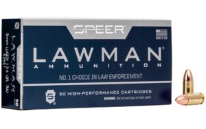 Speer Lawman 9mm 124 gr TMJ 50-count box of brass-case training ammunition