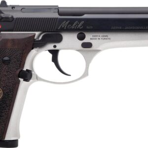 Derya Melik 9mm two-tone pistol with dark wood grips and black Melonite slide