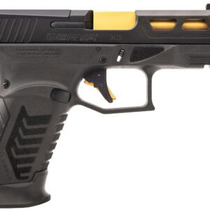 Derya DY9 9mm pistol with Gold PVD barrel and black melonite finish, right-side view