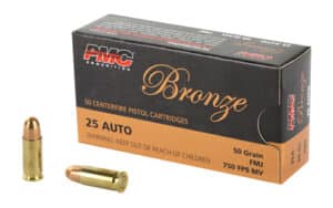 Box of PMC Bronze .25 ACP 50 grain FMJ ammunition - 50 rounds