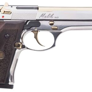 Derya Melik 9mm pistol with polished nickel finish, serrated slide and black frame