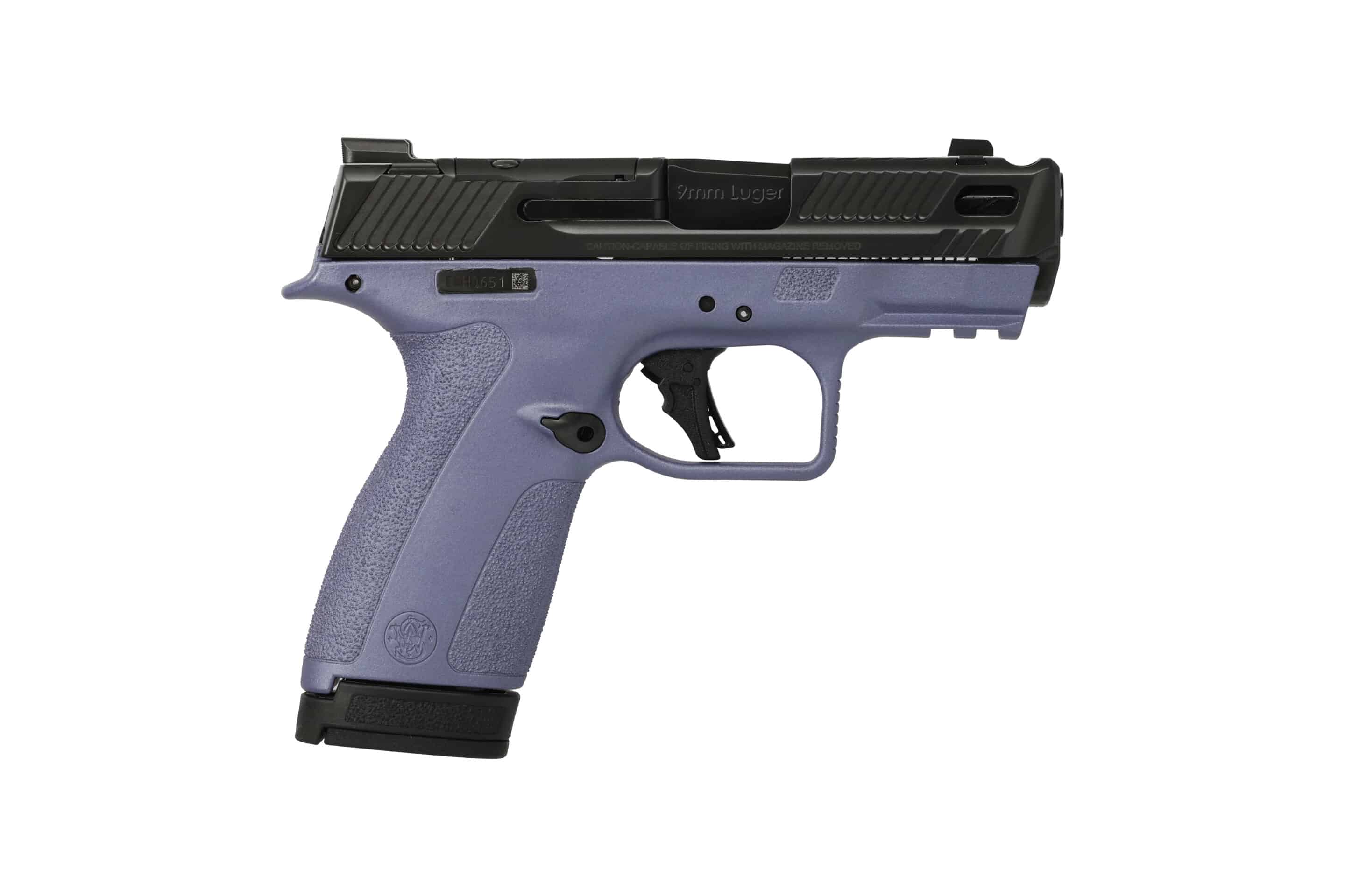 Smith & Wesson Shield X CC 9mm Orchid compact semi-automatic handgun, side view