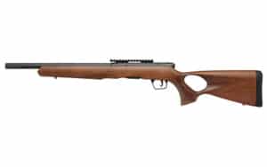 Savage B22 Timber Thumbhole Rifle .22 WMR wood stock threaded barrel side view