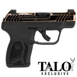 Ruger LCP Max .380 ACP with rose gold PVD slide and night sight, right-side view