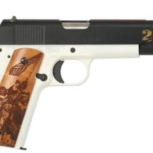Auto-Ordnance 1911A1 Marines 250th Anniversary .45 ACP 5 inch pistol with white frame, blue slide, and engraved hardwood grip