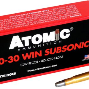Box of Atomic 00410 Subsonic .30-30 Winchester 165gr lead round nose flat point ammunition, 20 rounds per box
