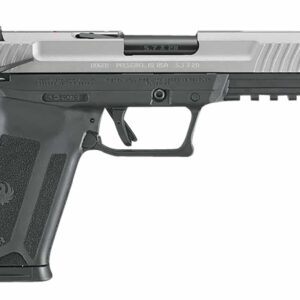 Ruger-57 5.7x28mm pistol with serrated Cerakote steel slide and black polymer frame, right-hand view