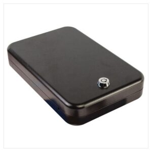AOB Lockdown Keyed Handgun Vault - Large, front view showing keyed lock and cable