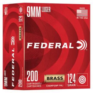Federal Champion 9mm Luger 124 gr FMJ 200-count box of brass-cased target ammunition