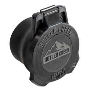 Butler Creek Element 45-50mm objective scope cap in black with flip-out cover and dope disk