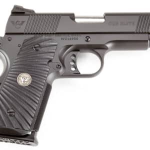 Wilson Combat CQBECP45 compact .45 ACP pistol with 4-inch stainless match barrel, black serrated slide, black G10 Starburst g